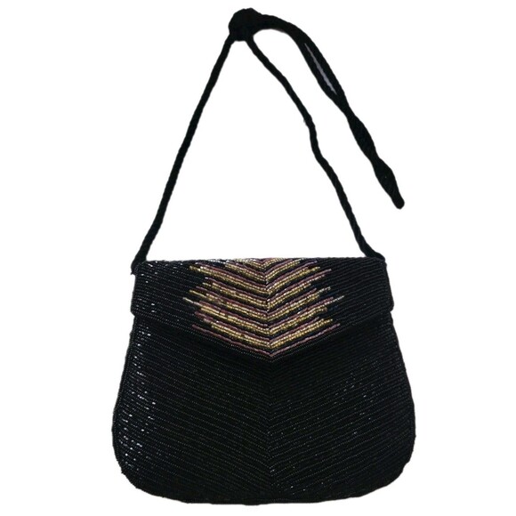 Vintage Handbags - Vintage Black Beaded Evening Bag Rope Strap Art Deco Style